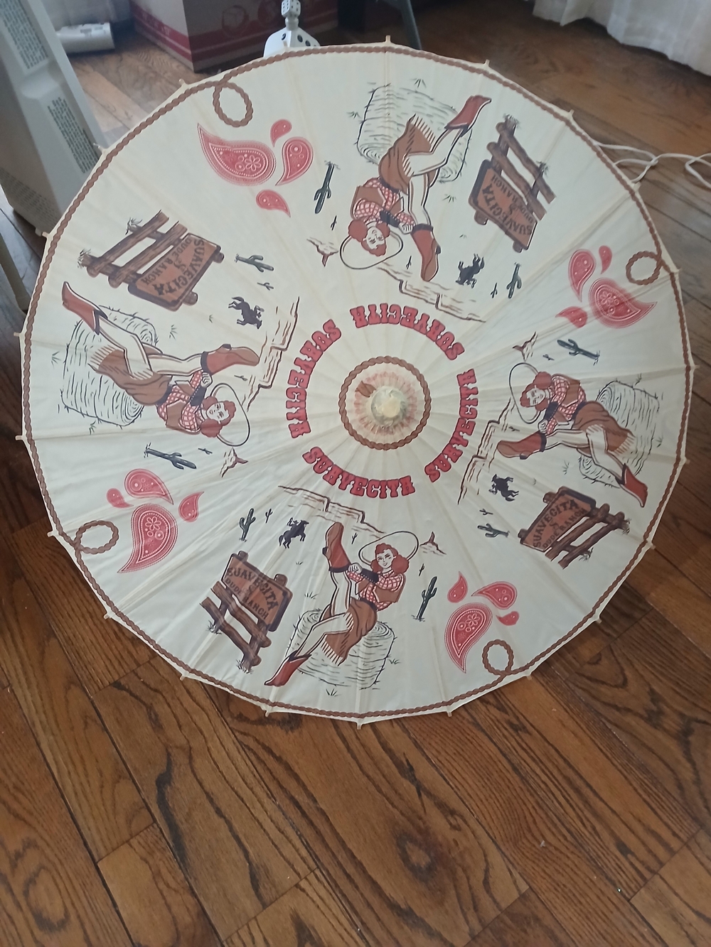 Western Cowgirl Decorative Parasol Umbrella — Cream & Red